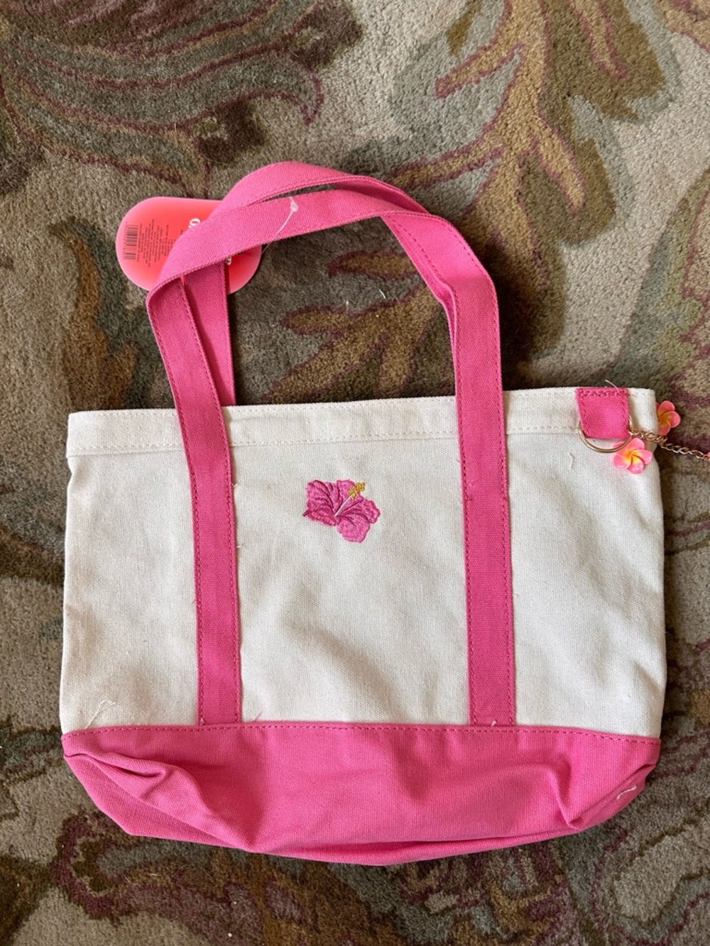 Pink & Cream Canvas Tote with Hibiscus Embroidery